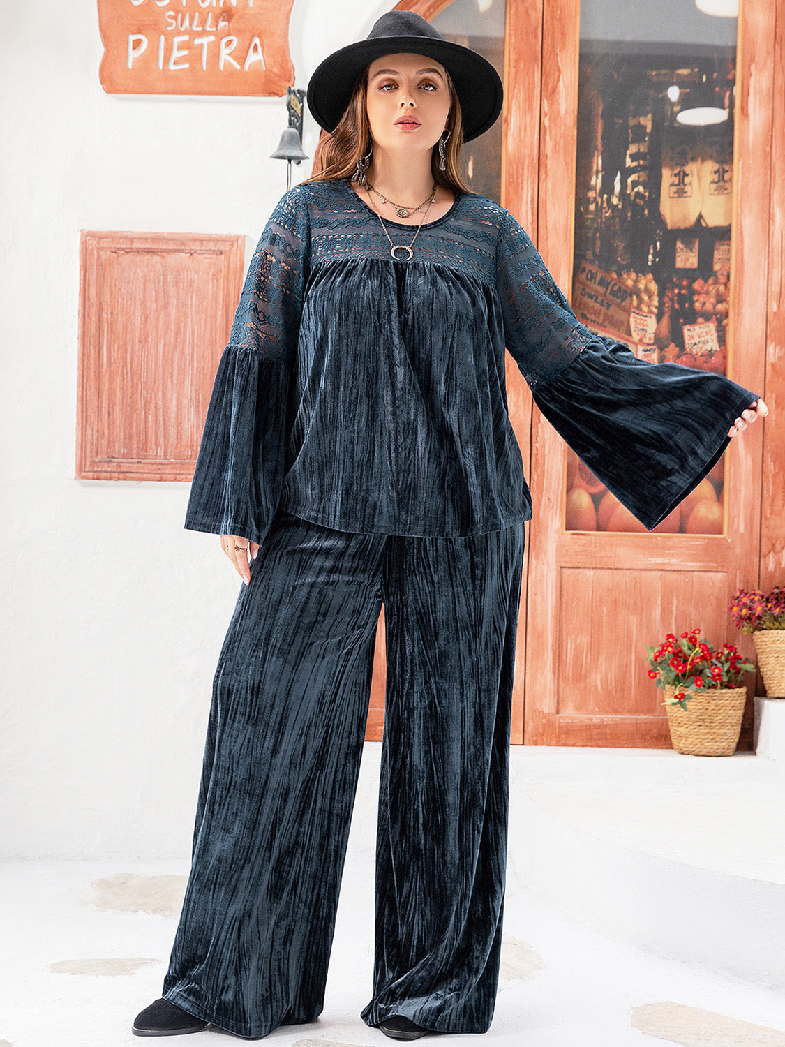 Plus Size Round Neck Flare Sleeve Top and Pants Set Trendsi