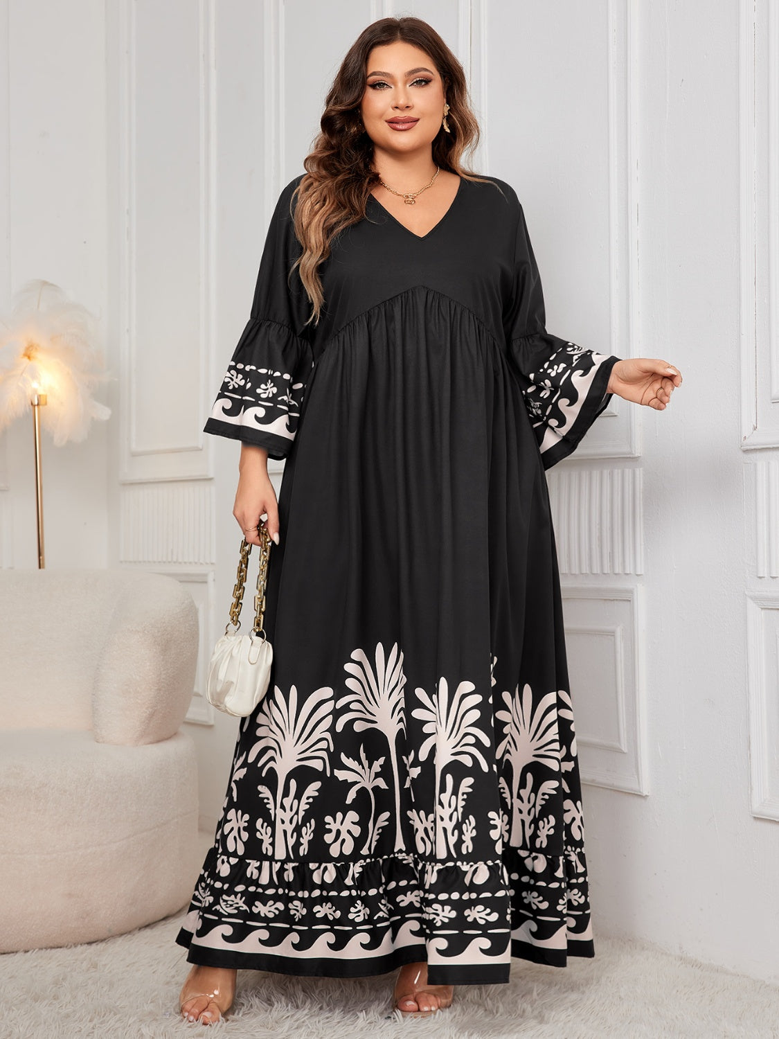 Honey Plus Size Printed V-Neck Long Sleeve Maxi Dress Trendsi