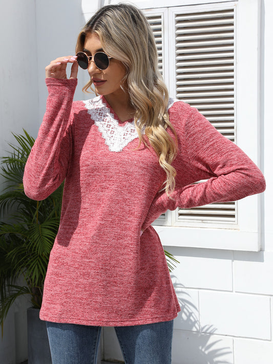 Lace Detail V-Neck Long Sleeve T-Shirt Trendsi