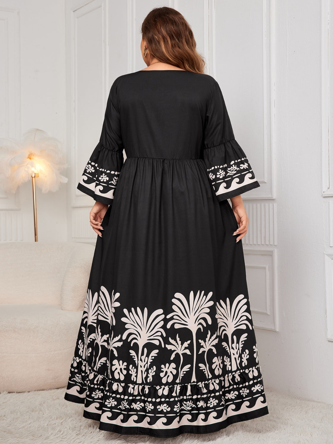 Honey Plus Size Printed V-Neck Long Sleeve Maxi Dress Trendsi