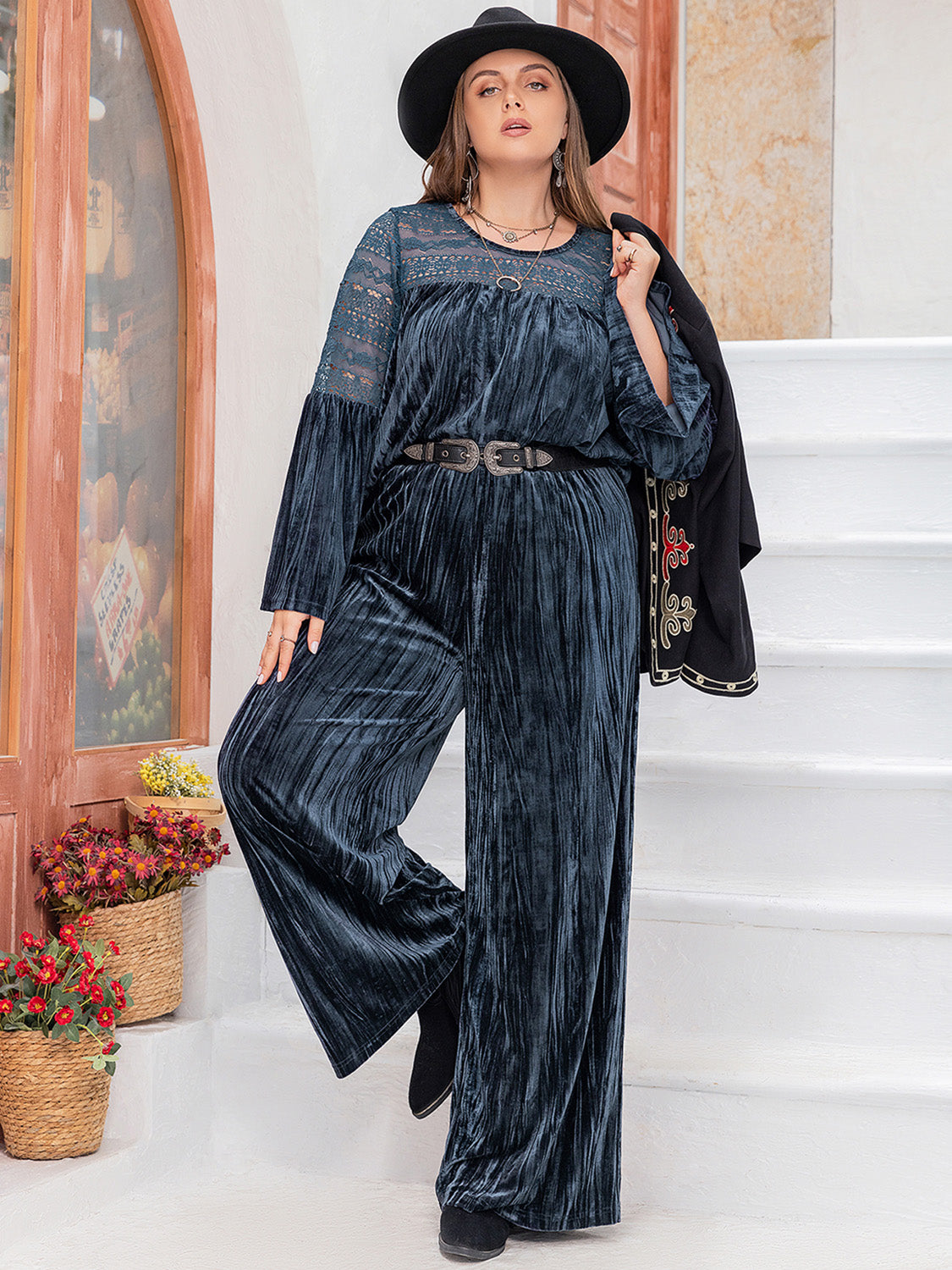 Plus Size Round Neck Flare Sleeve Top and Pants Set Trendsi