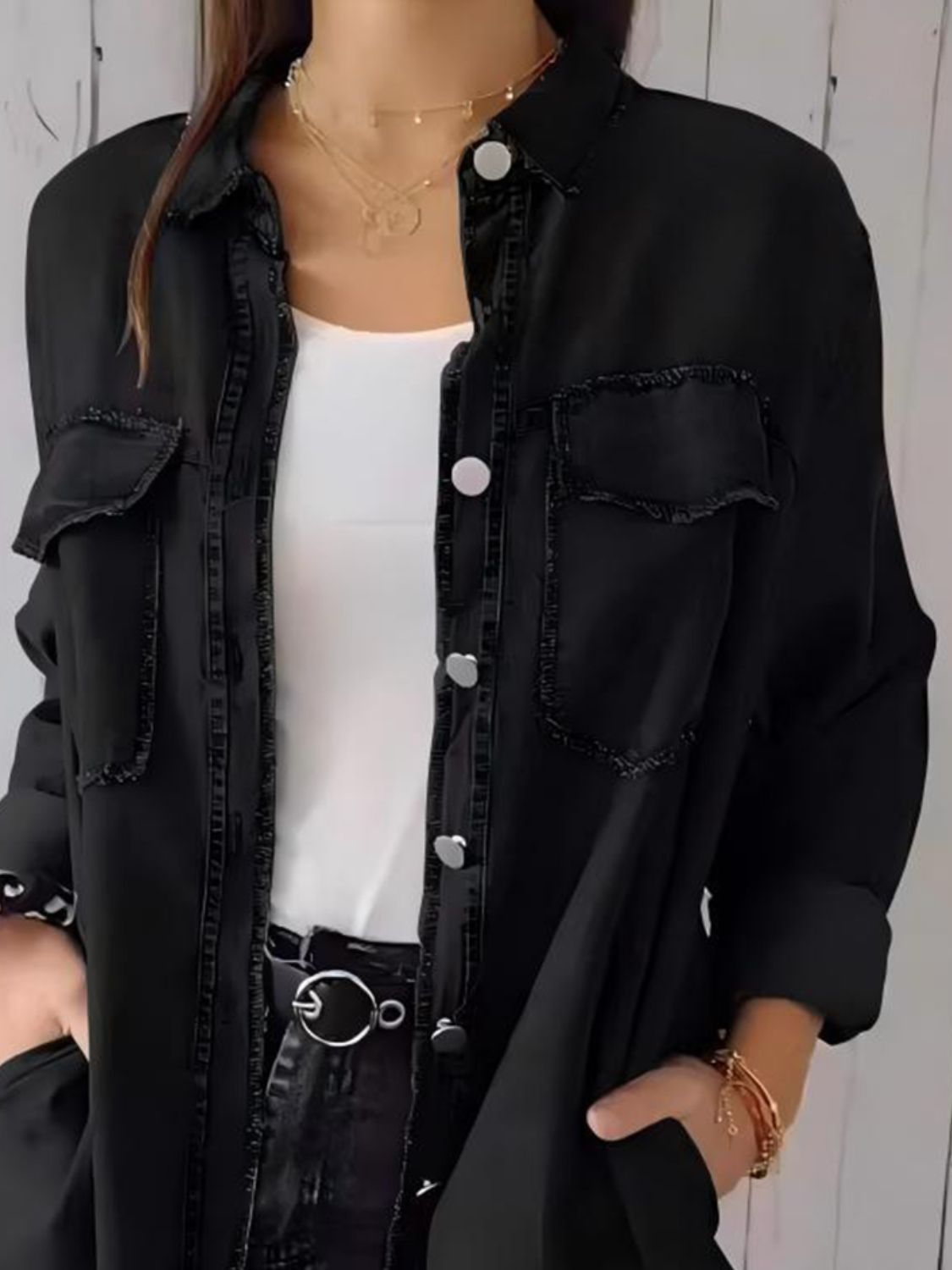 Full Size Raw Hem Button Up Long Sleeve Denim Top Plus Size Trendsi