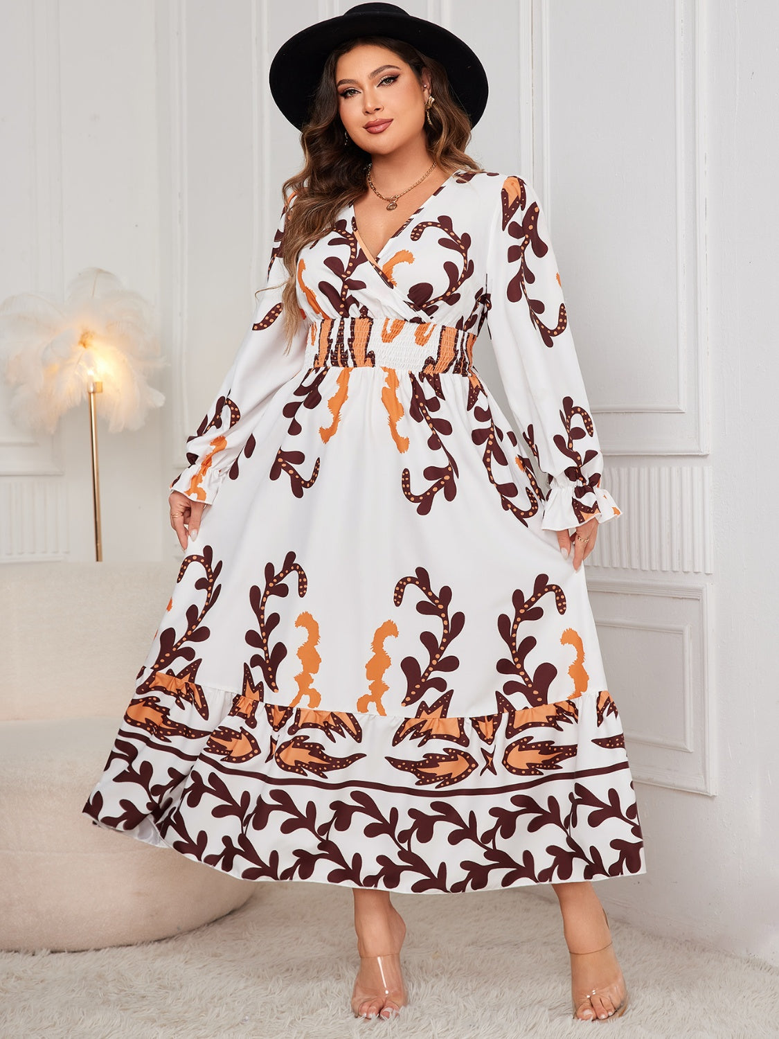 Honey Plus Size Printed Surplice Flounce Sleeve Dress Trendsi