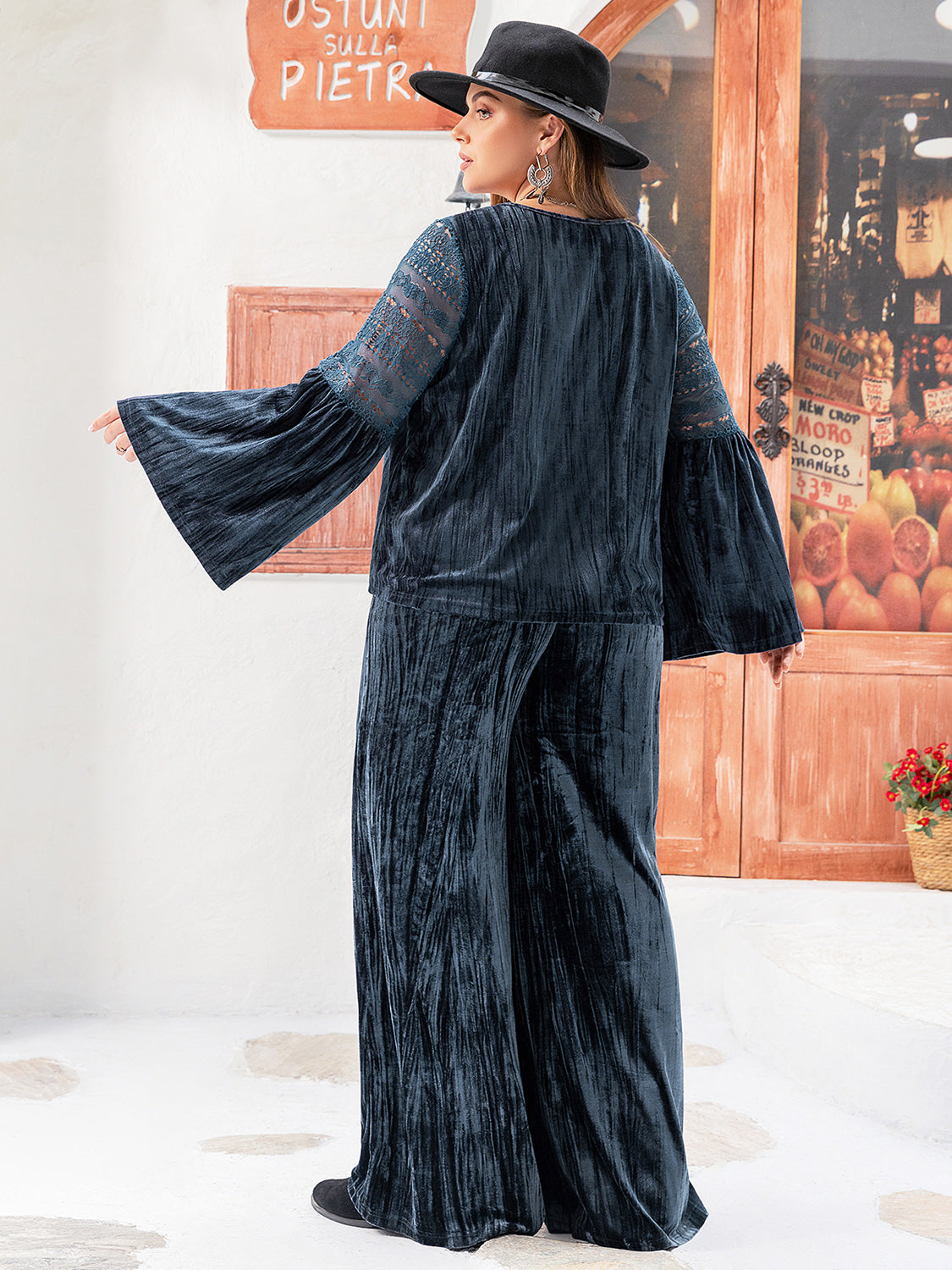 Plus Size Round Neck Flare Sleeve Top and Pants Set Trendsi