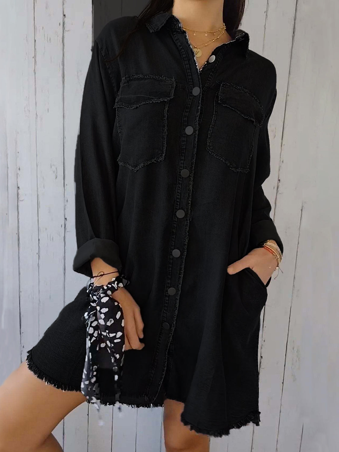 Full Size Raw Hem Button Up Long Sleeve Denim Top Plus Size Trendsi