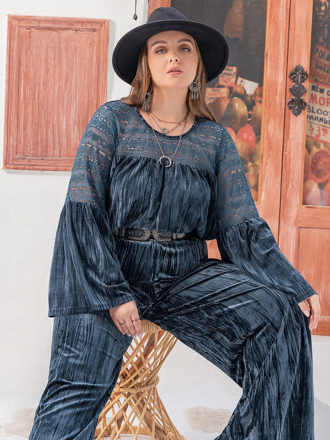 Plus Size Round Neck Flare Sleeve Top and Pants Set Trendsi