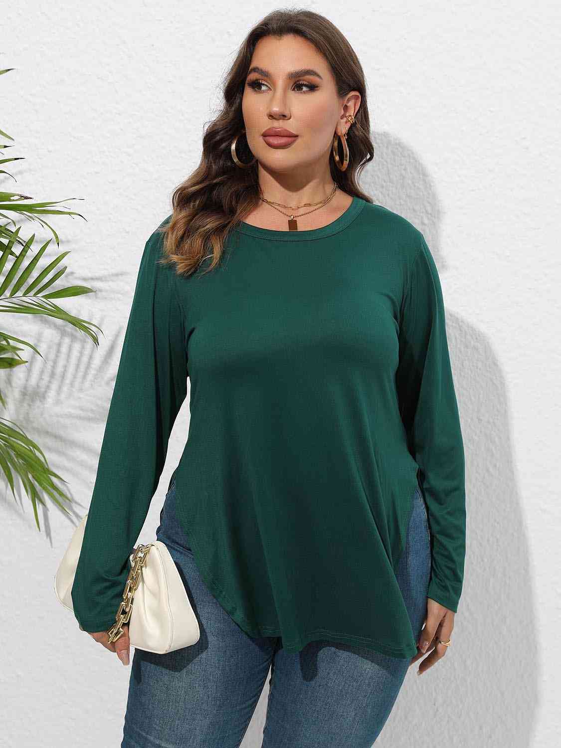 Plus Size Round Neck Long Sleeve Slit Shirt