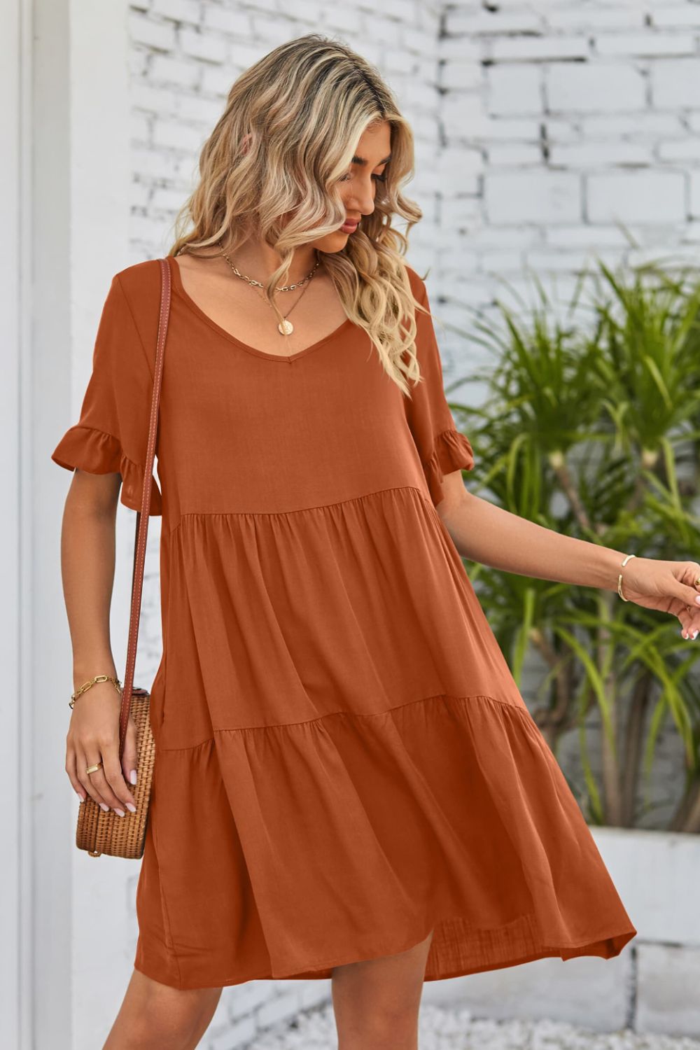 V-Neck Flounce Sleeve Tiered Dress Trendsi