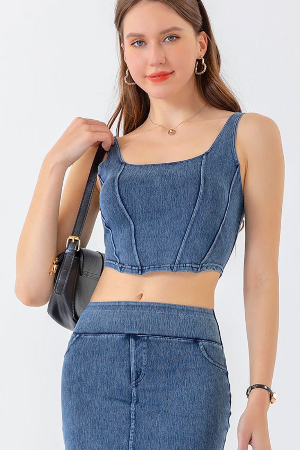 Seam Detail Cropped Denim Tank Trendsi