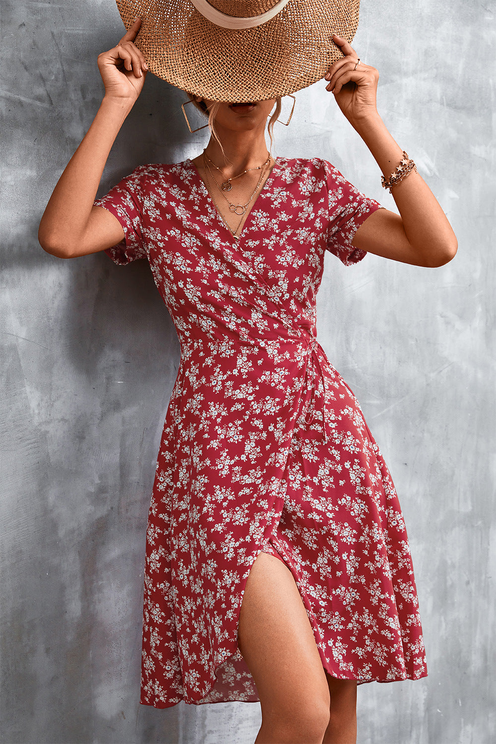 Floral Surplice Neck Flutter Sleeve Dress Trendsi