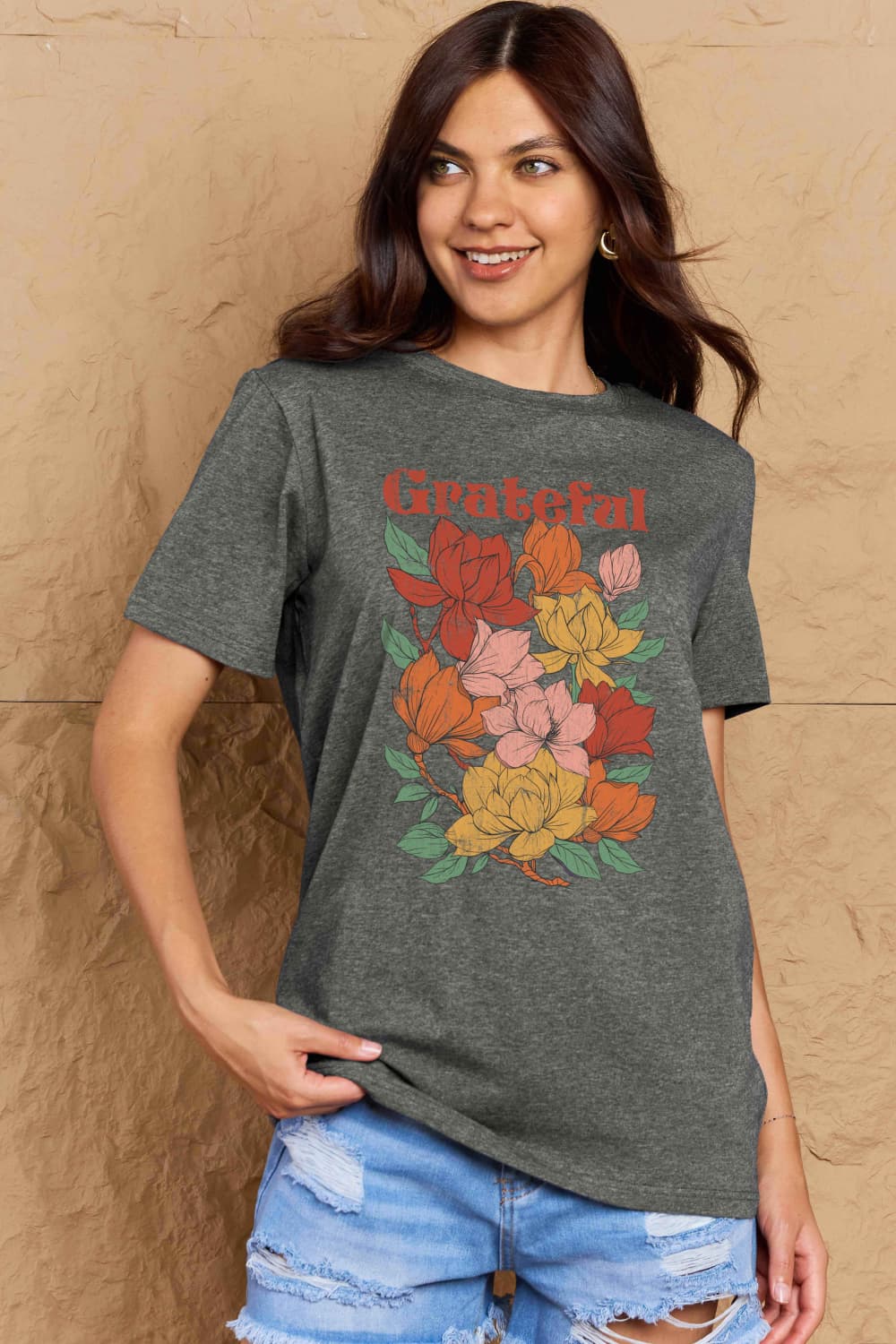 Simply Love Full Size GRATEFUL Flower Graphic Cotton T-Shirt Trendsi