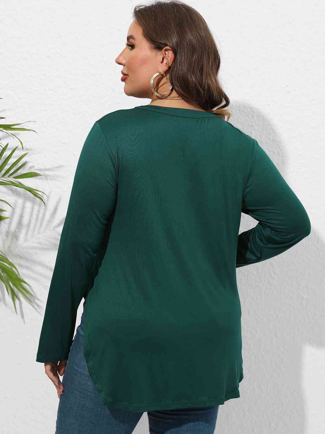 Plus Size Round Neck Long Sleeve Slit Shirt