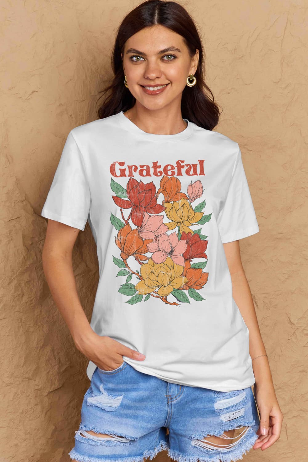 Simply Love Full Size GRATEFUL Flower Graphic Cotton T-Shirt Trendsi