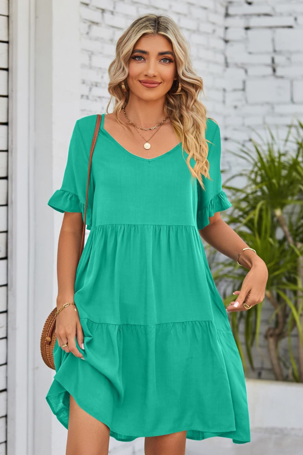 V-Neck Flounce Sleeve Tiered Dress Trendsi