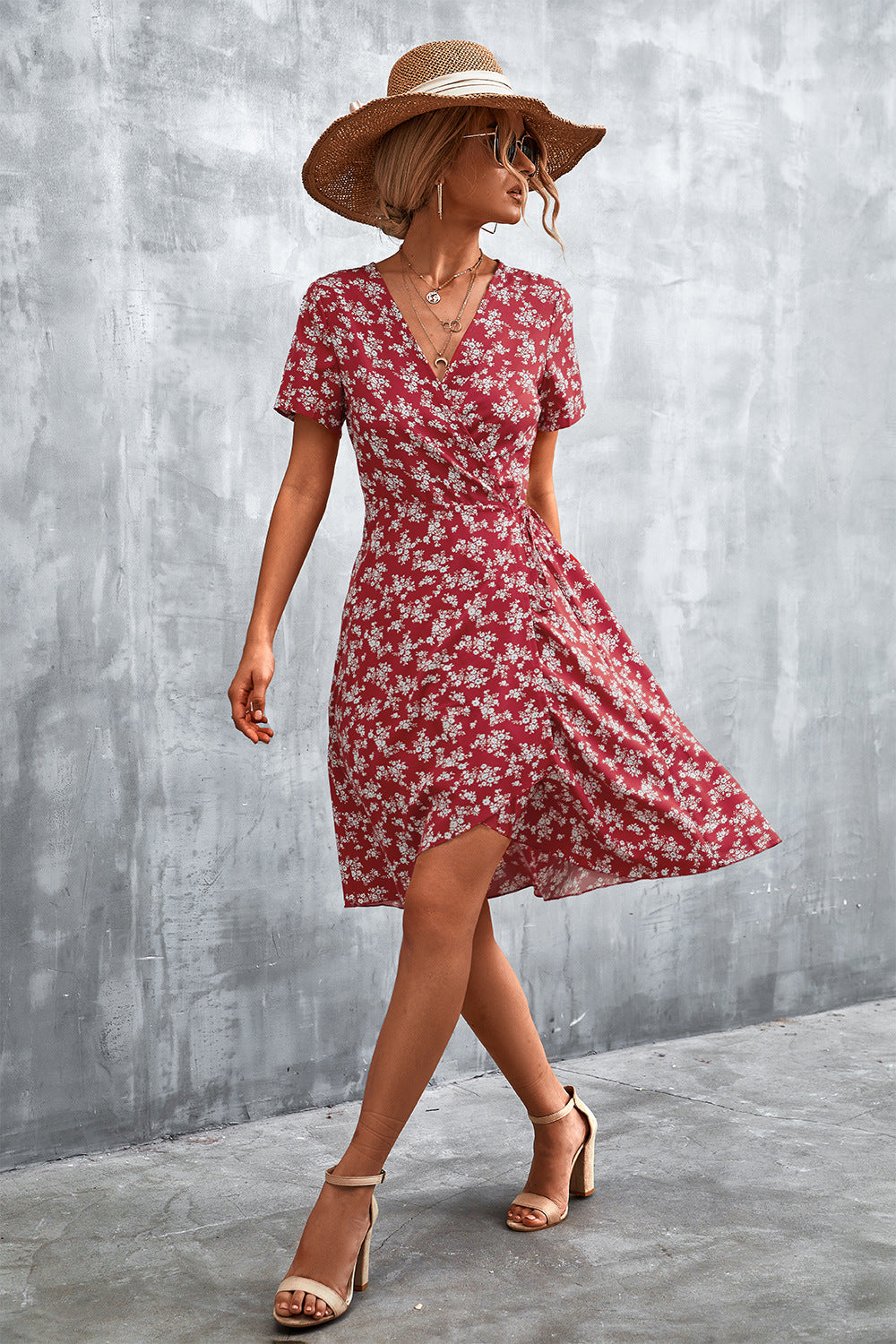 Floral Surplice Neck Flutter Sleeve Dress Trendsi