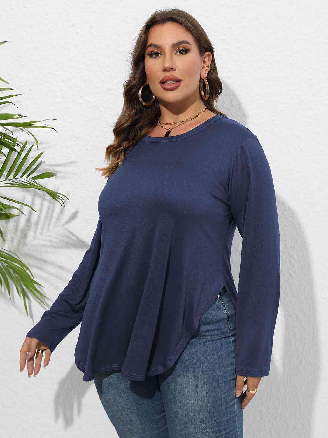 Plus Size Round Neck Long Sleeve Slit Shirt