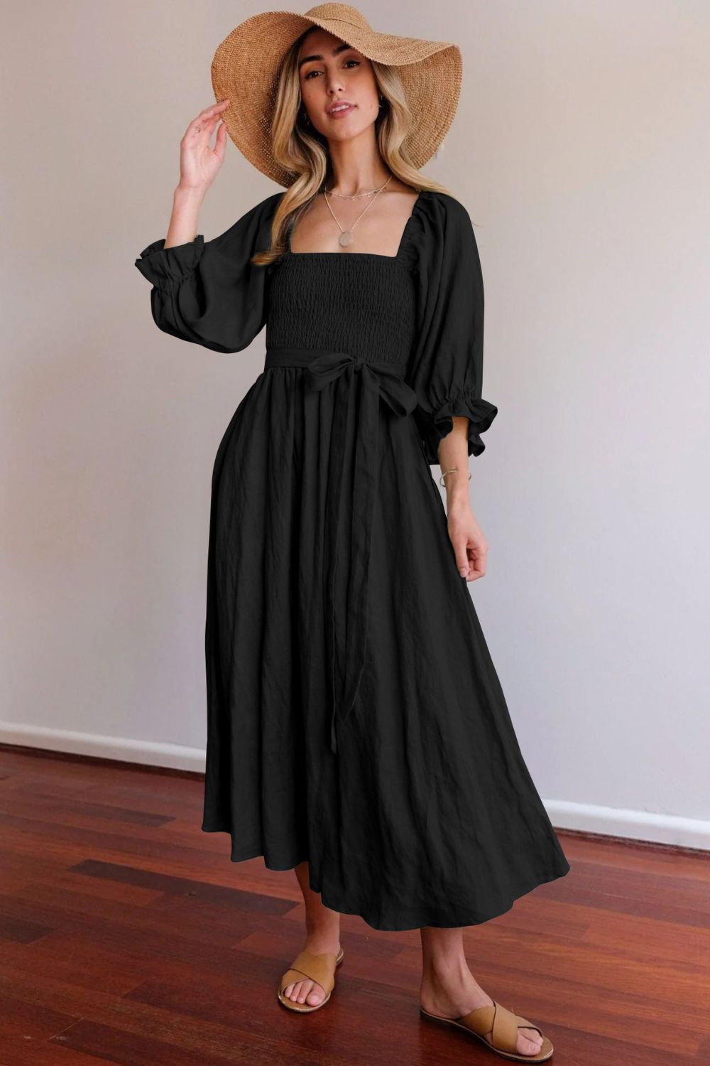 Smocked Square Neck Flounce Sleeve Dress Trendsi
