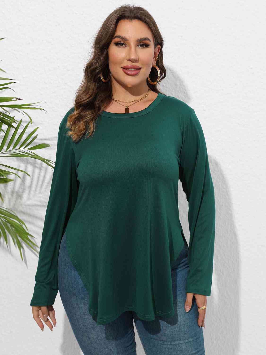 Plus Size Round Neck Long Sleeve Slit Shirt
