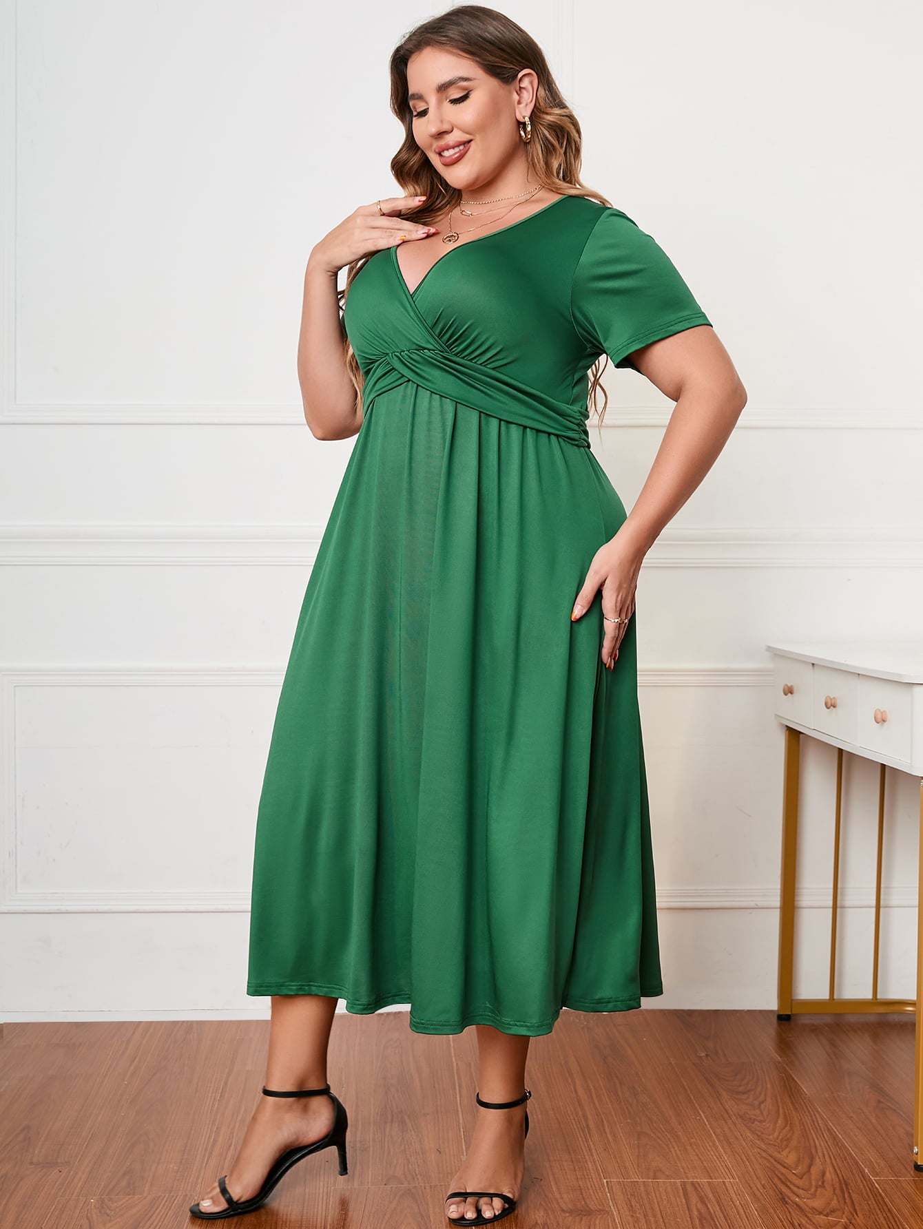 Plus Size Short Sleeve Surplice Neck Midi Dress Trendsi