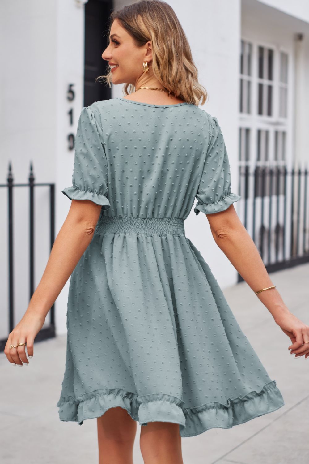 Swiss Dot Frill Trim Flounce Sleeve V-Neck Dress Trendsi