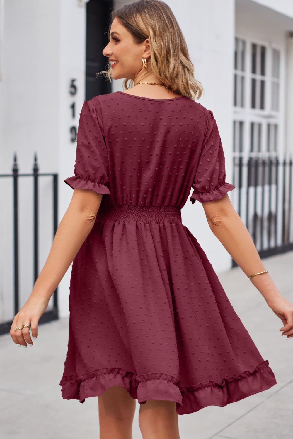 Swiss Dot Frill Trim Flounce Sleeve V-Neck Dress Trendsi