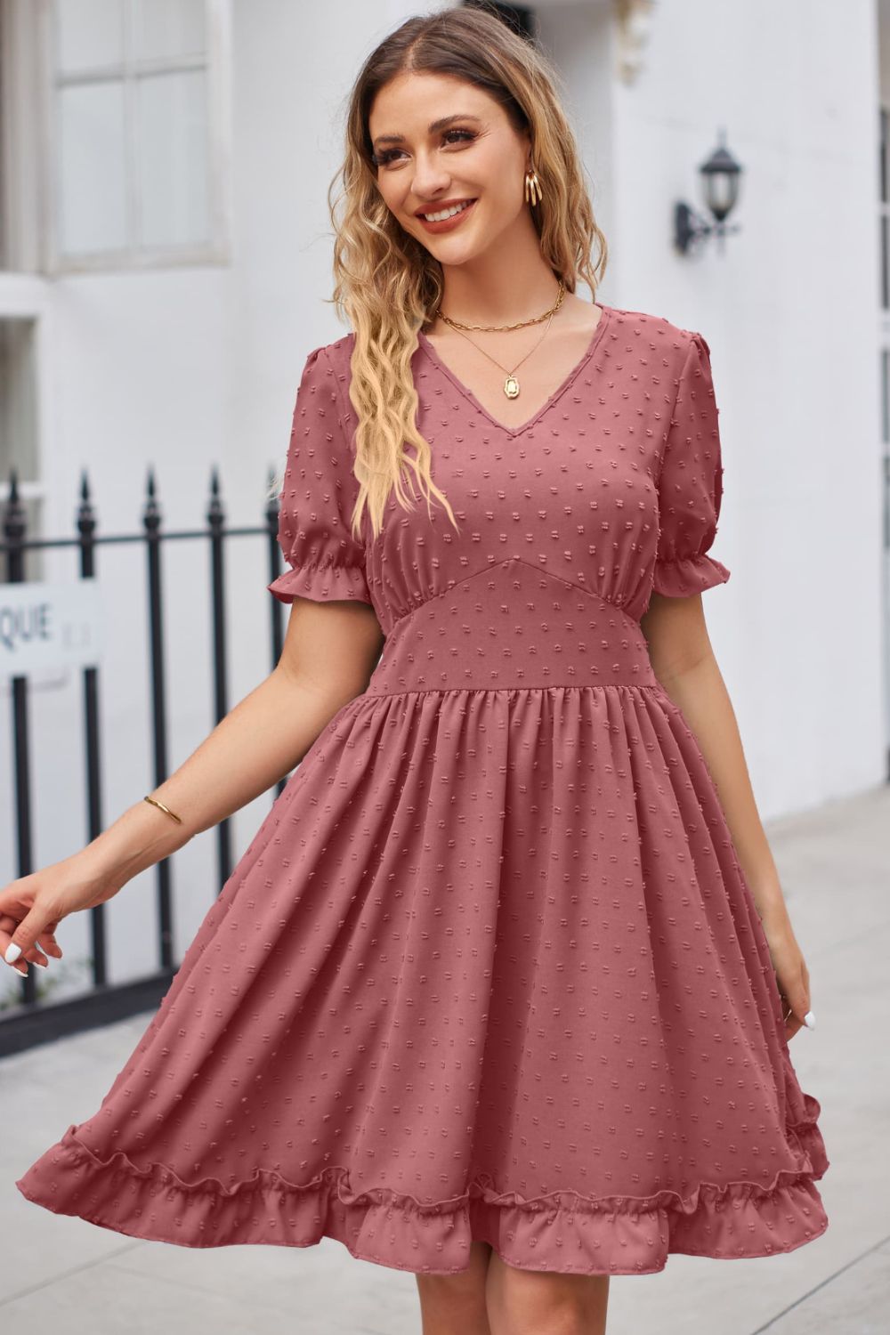 Swiss Dot Frill Trim Flounce Sleeve V-Neck Dress Trendsi