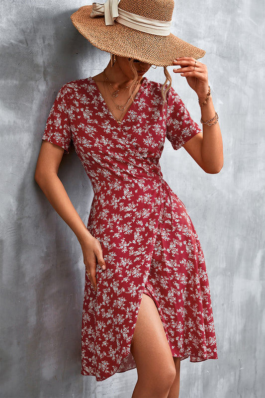 Floral Surplice Neck Flutter Sleeve Dress Trendsi