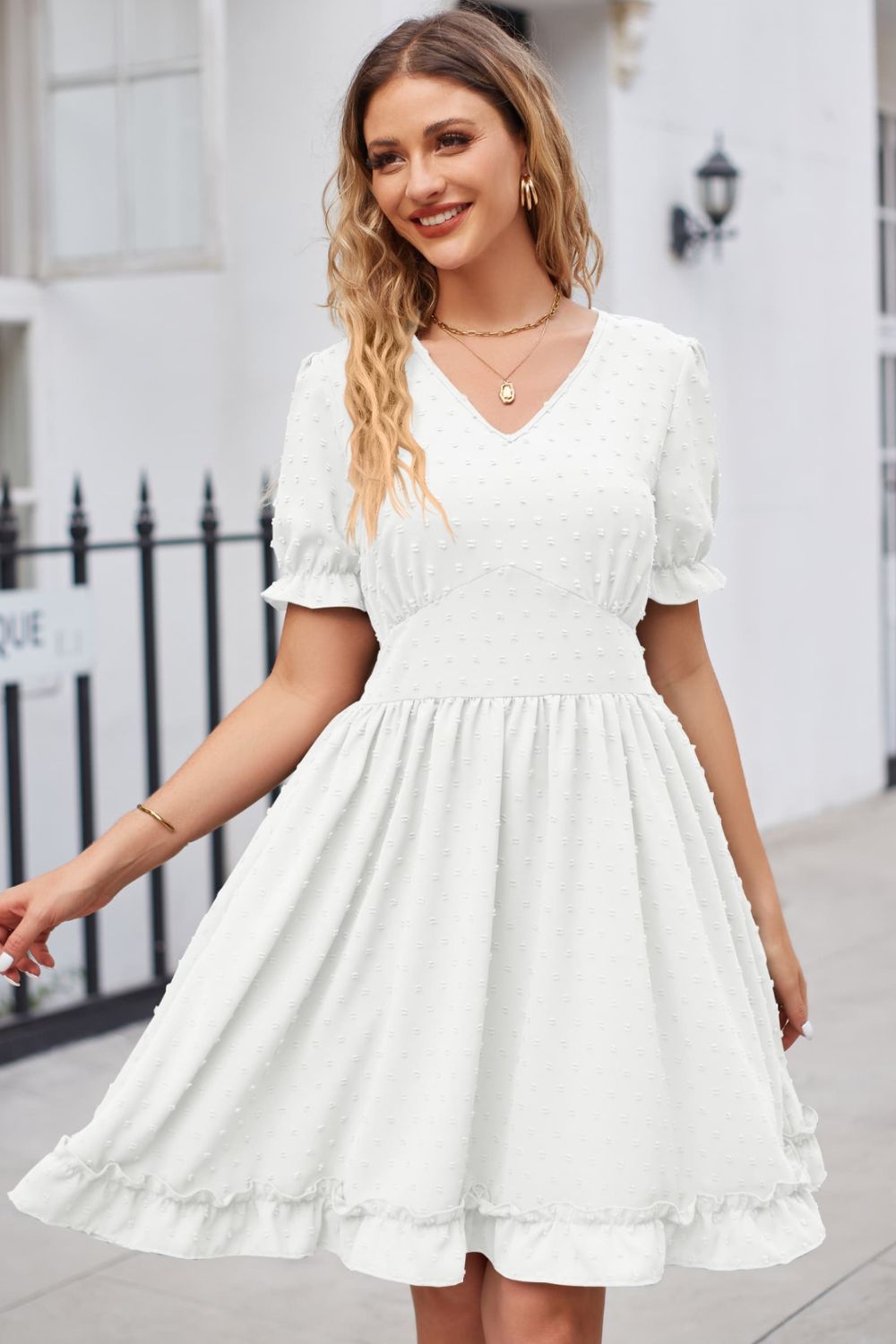 Swiss Dot Frill Trim Flounce Sleeve V-Neck Dress Trendsi
