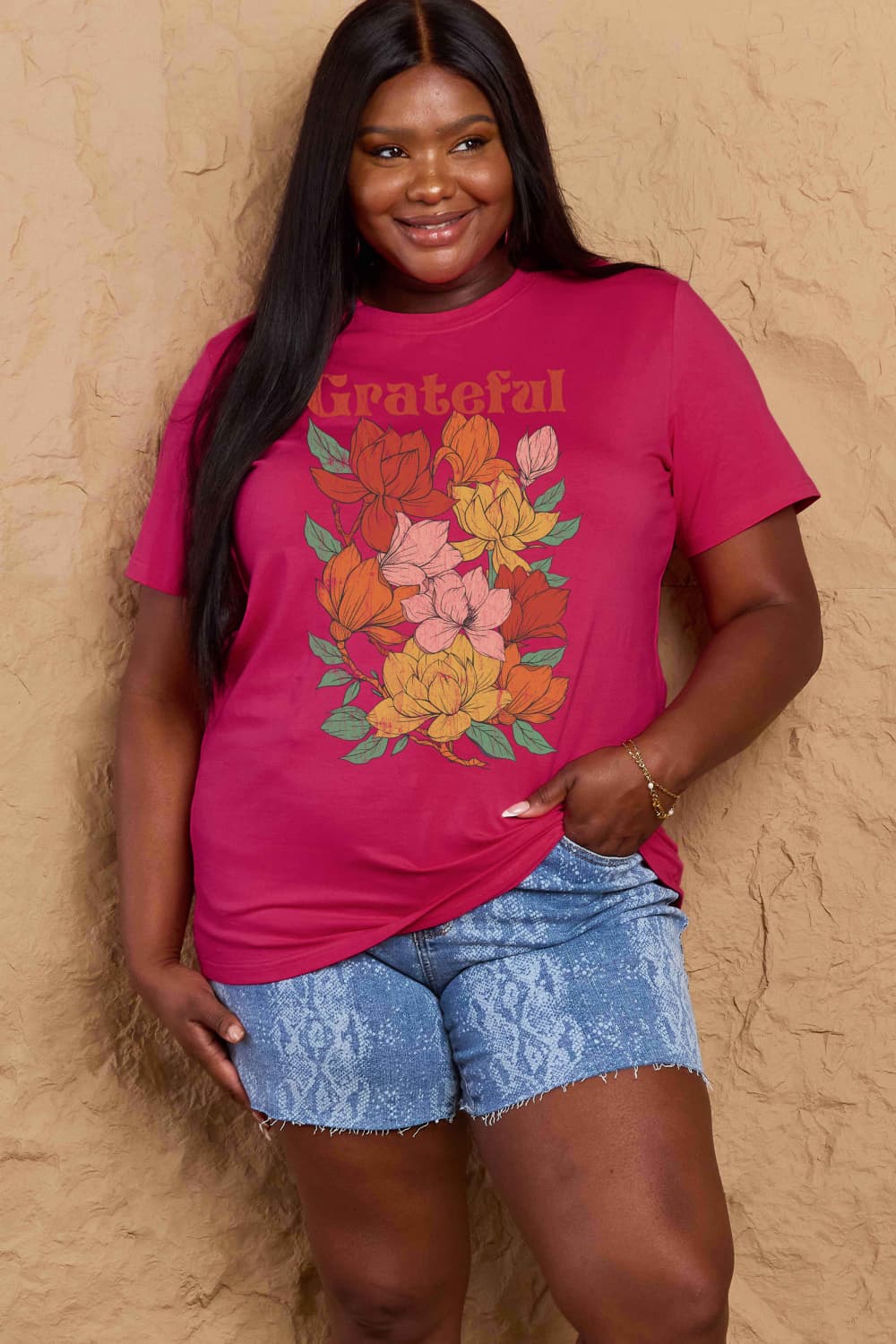 Simply Love Full Size GRATEFUL Flower Graphic Cotton T-Shirt Trendsi