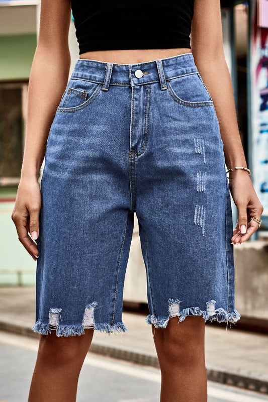 Raw Hem High Waist Denim Shorts with Pockets Trendsi