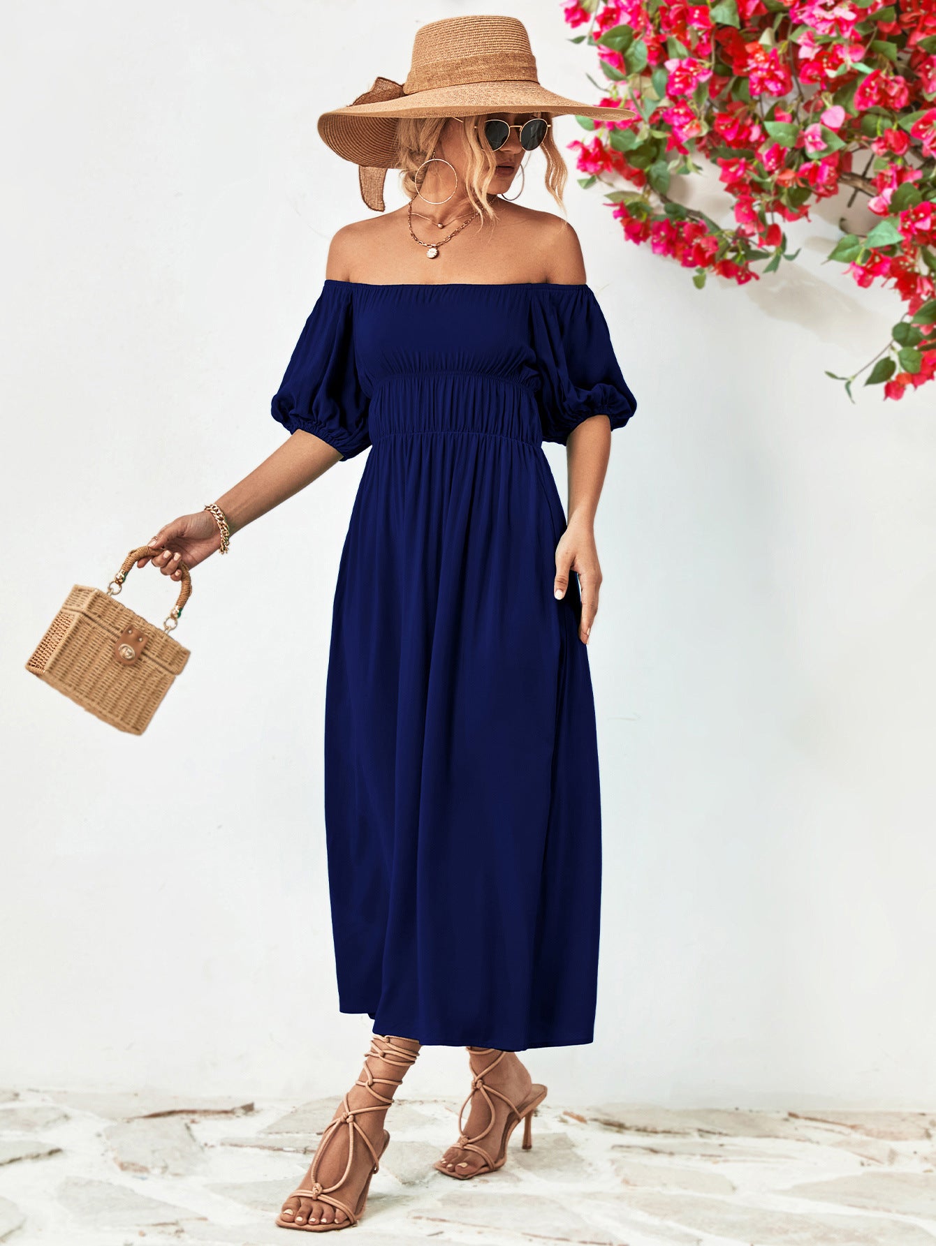 Off-Shoulder Balloon Sleeve Midi Dress Trendsi