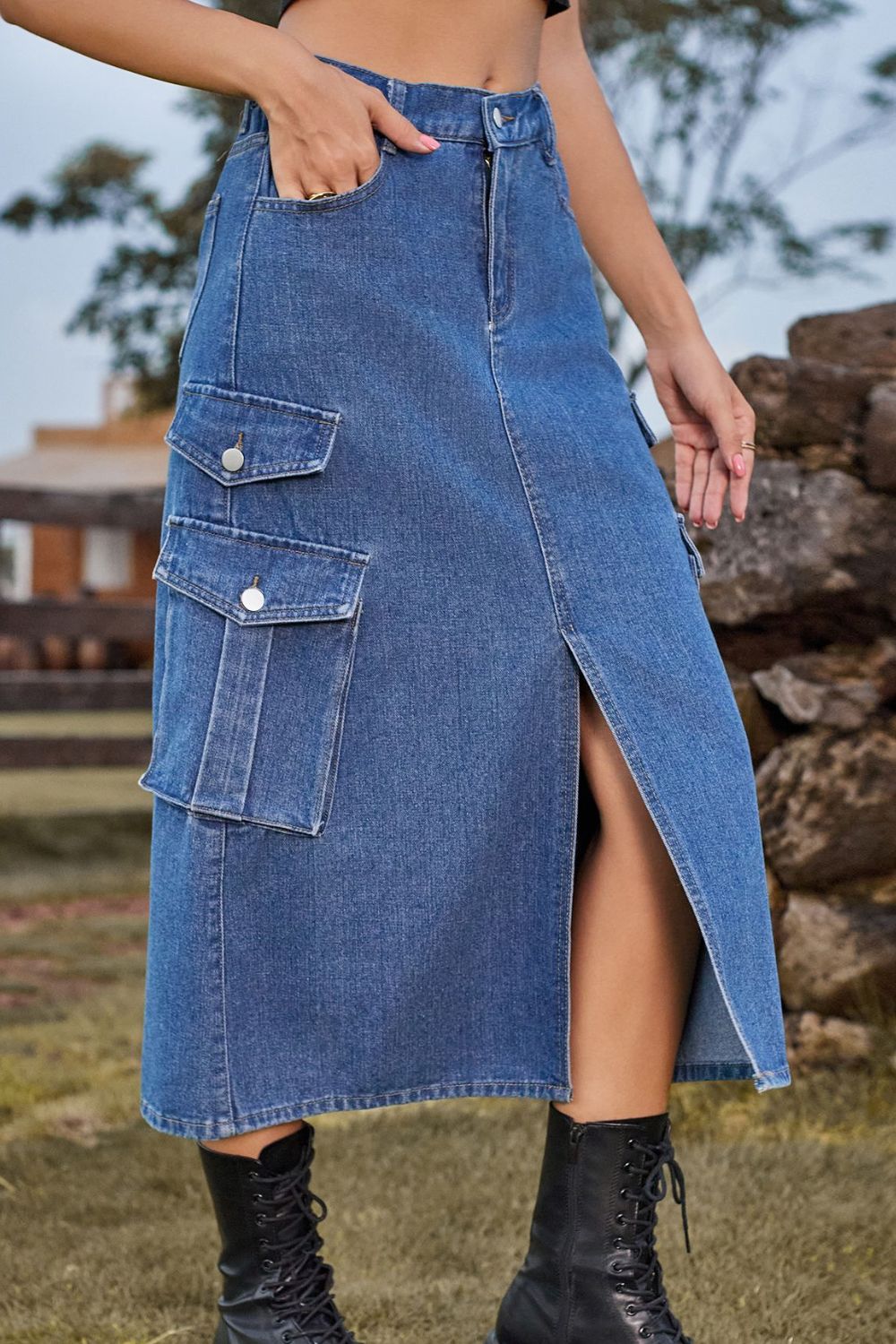 Slit Front Midi Denim Skirt with Pockets Trendsi