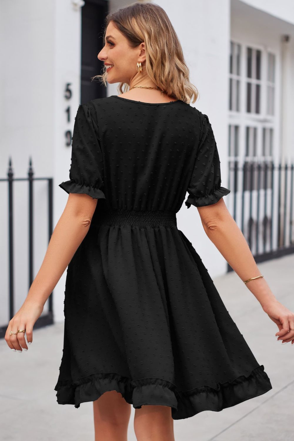 Swiss Dot Frill Trim Flounce Sleeve V-Neck Dress Trendsi