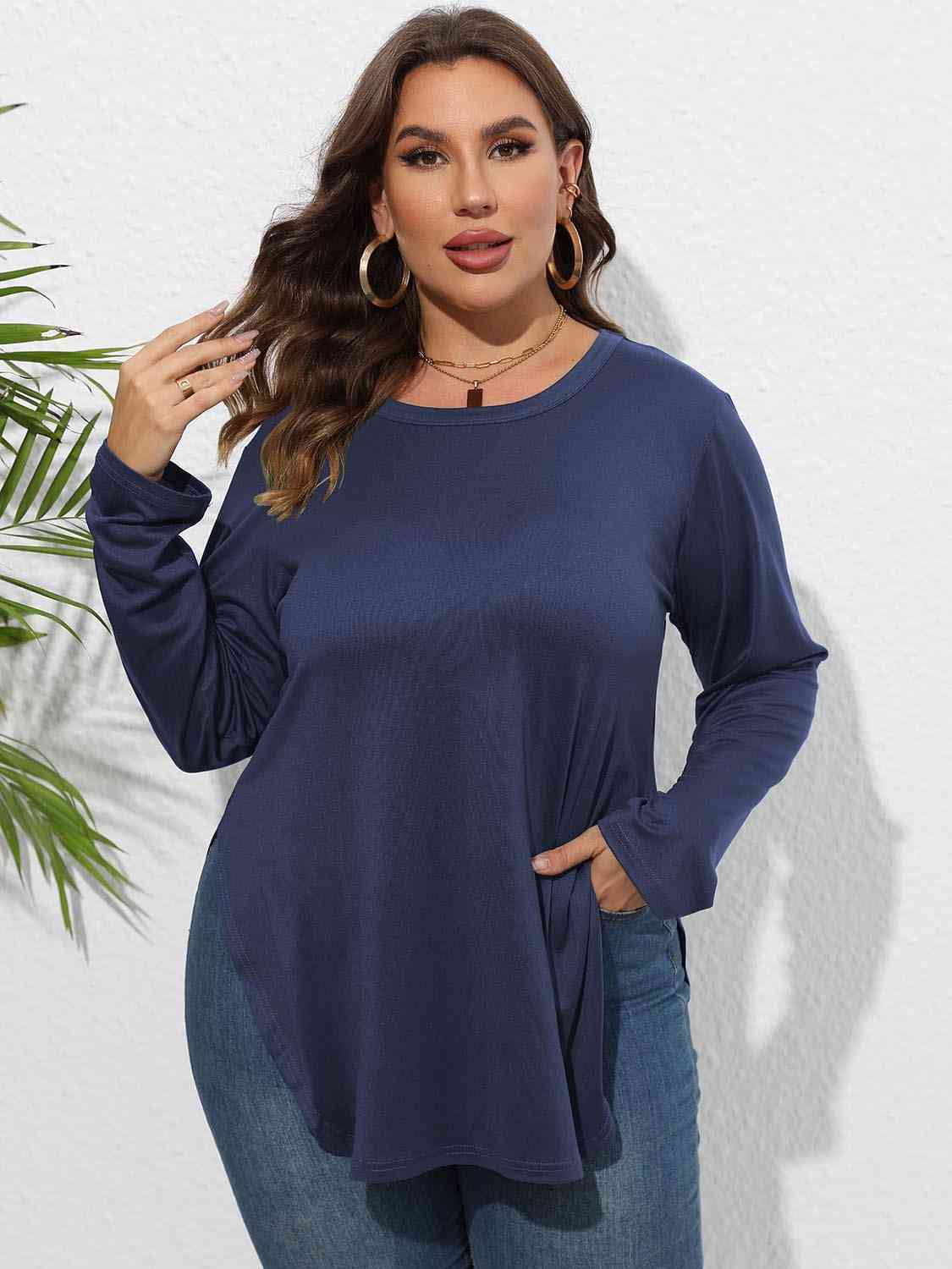 Plus Size Round Neck Long Sleeve Slit Shirt