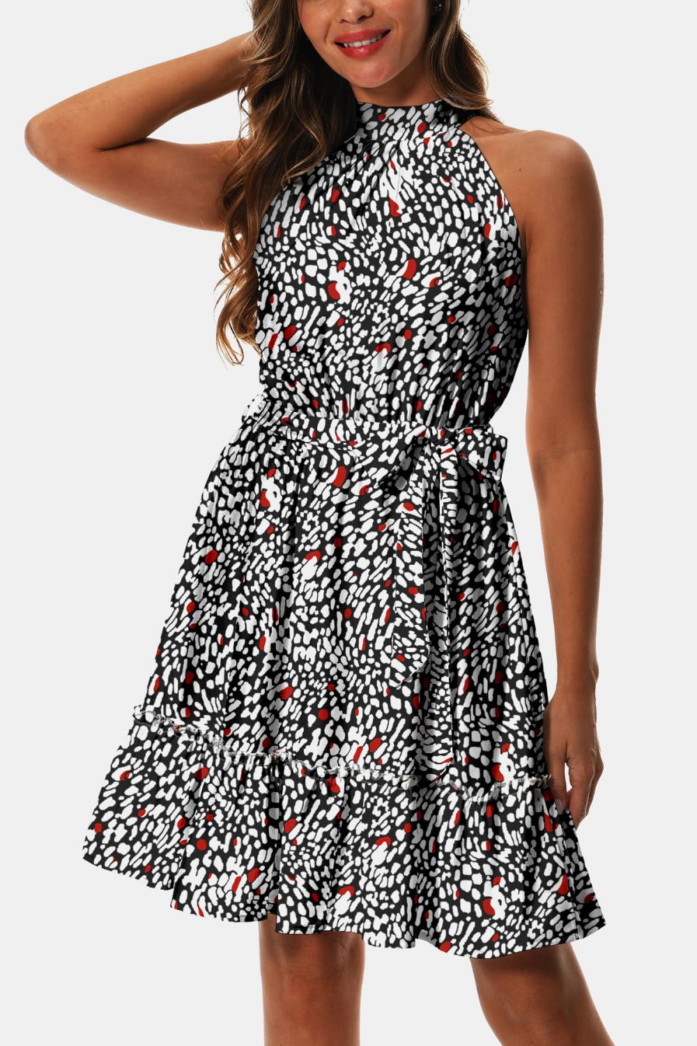 Printed Tie Waist Frill Trim Dress Trendsi