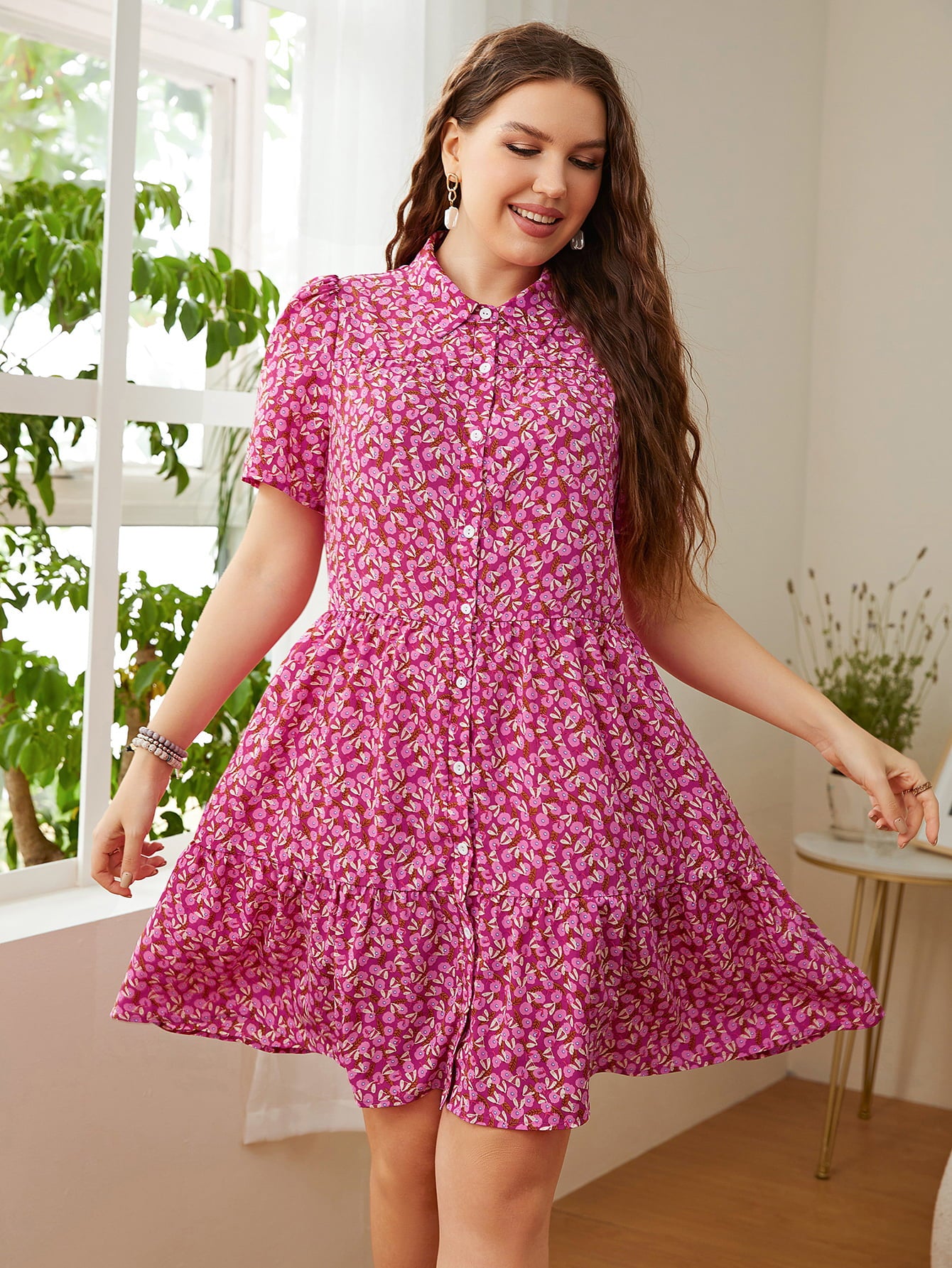Plus Size Printed Short Sleeve Collared Dress Trendsi