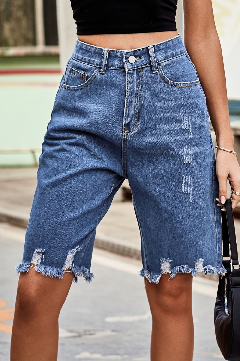 Raw Hem High Waist Denim Shorts with Pockets Trendsi