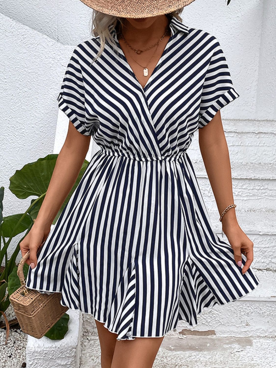 Striped Johnny Collar Mini Dress Trendsi