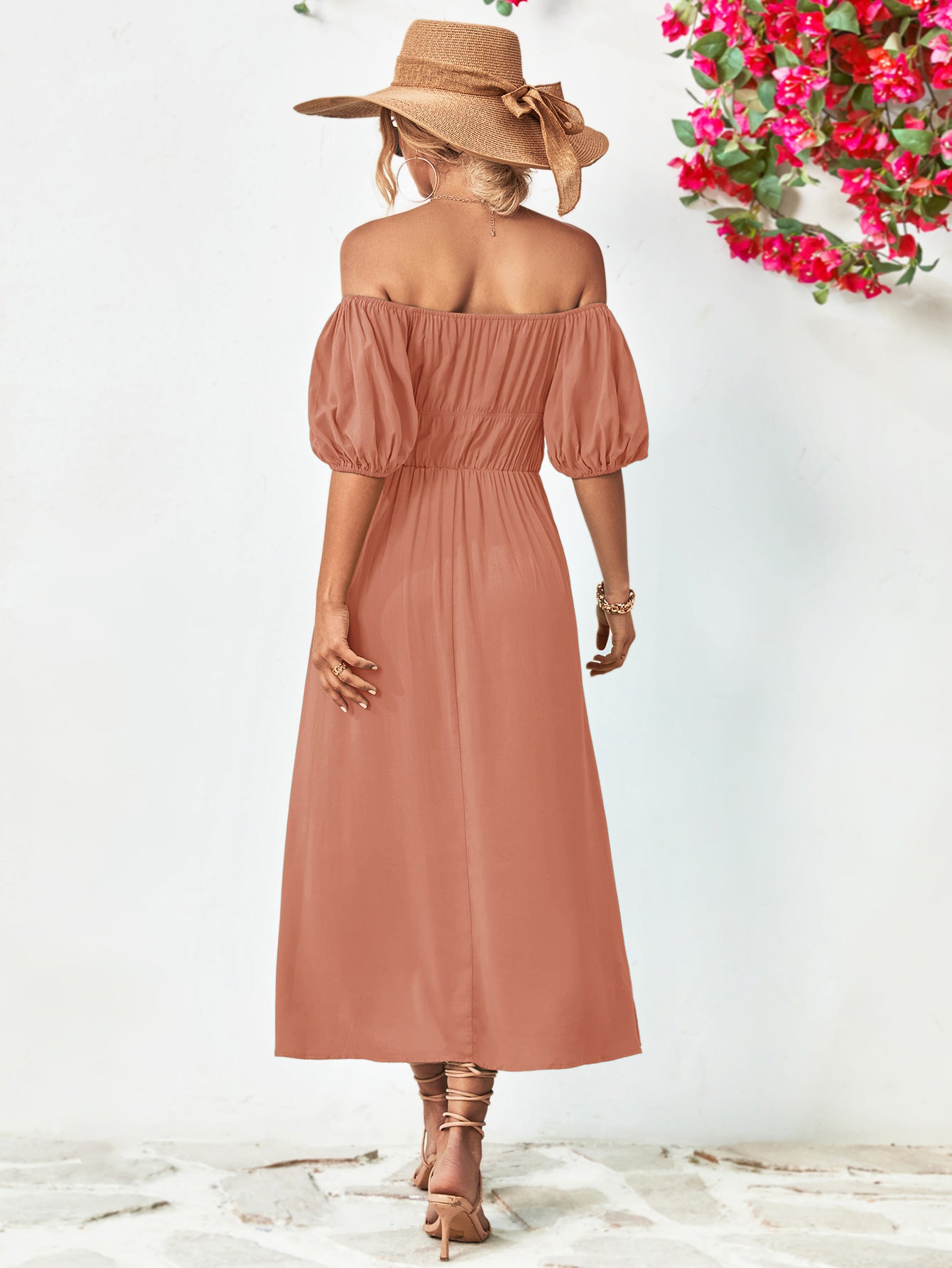 Off-Shoulder Balloon Sleeve Midi Dress Trendsi