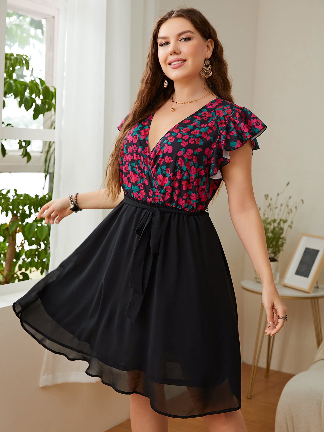 Plus Size Floral Surplice Neck Flutter Sleeve Dress Trendsi