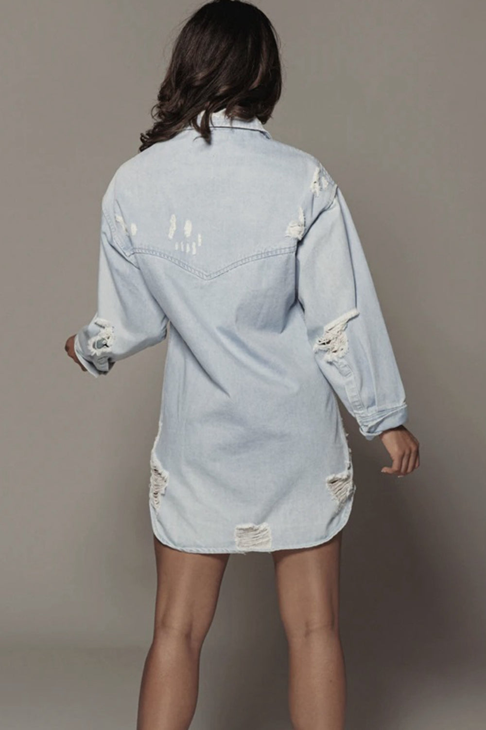 Distressed Long Sleeve Longline Denim Jacket Trendsi