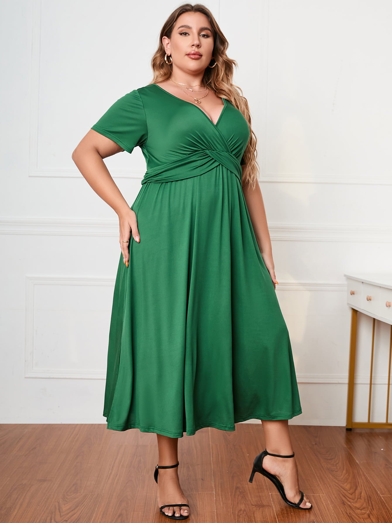 Plus Size Short Sleeve Surplice Neck Midi Dress Trendsi