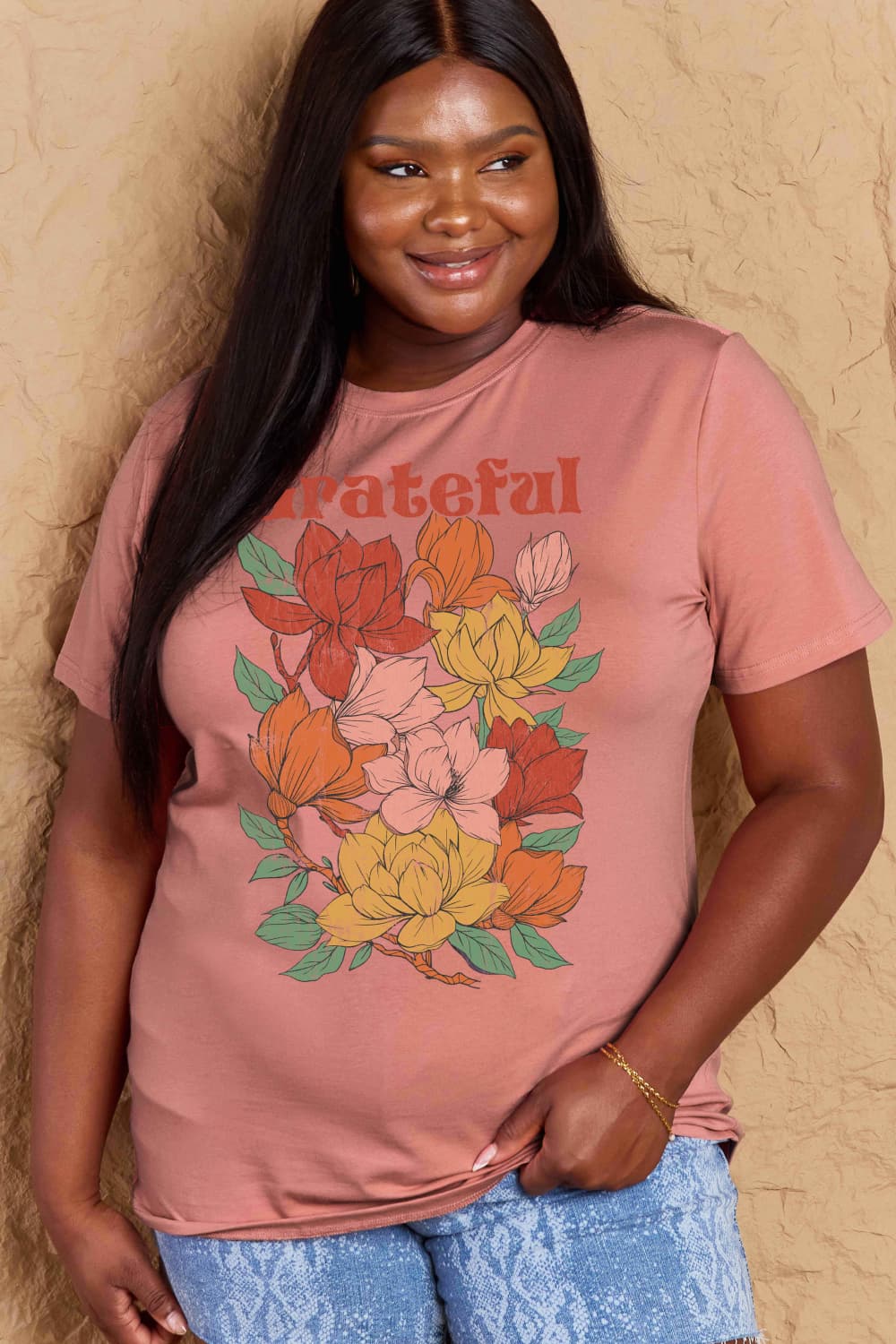 Simply Love Full Size GRATEFUL Flower Graphic Cotton T-Shirt Trendsi