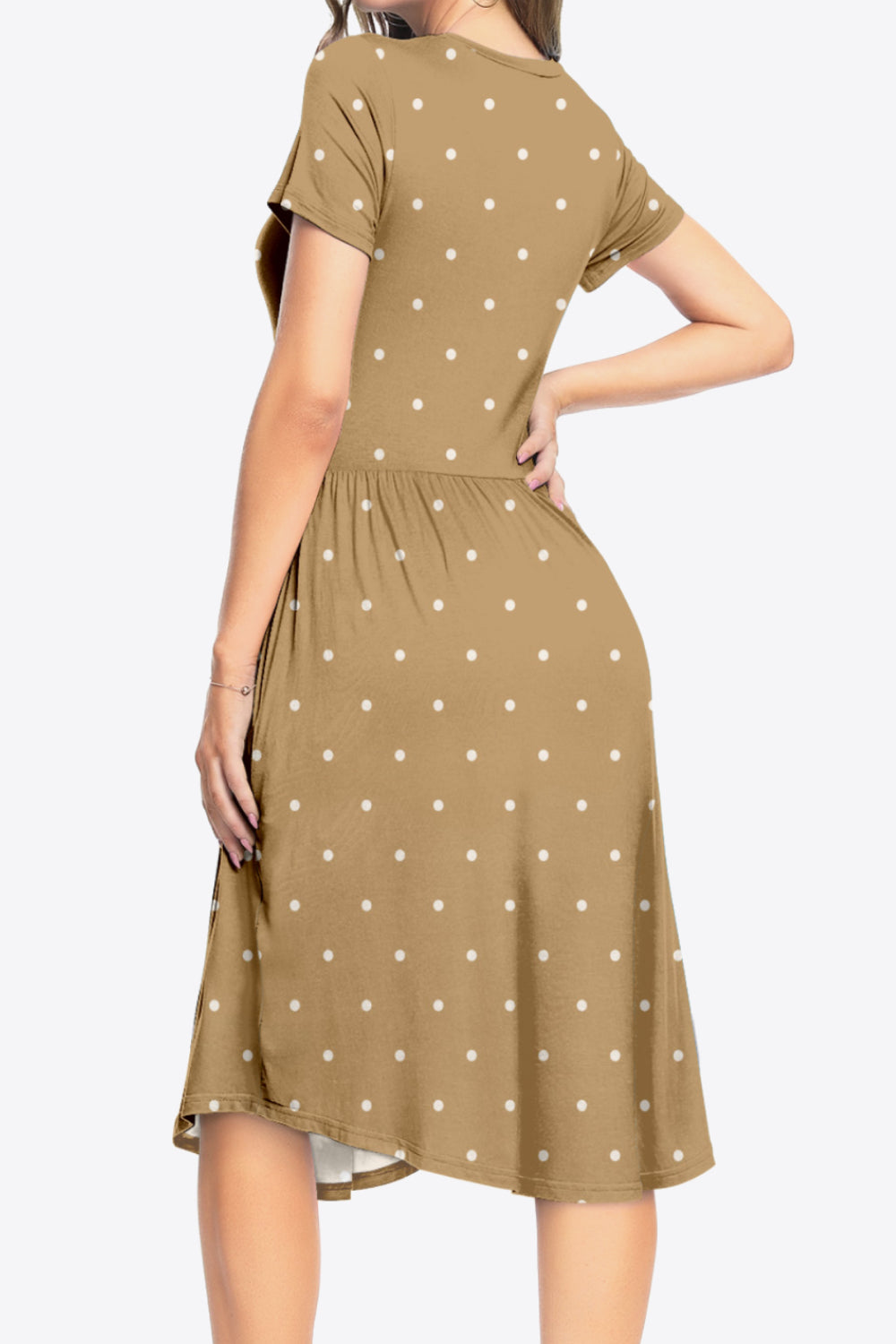 Printed Round Neck Short Sleeve Dress with Pockets Trendsi