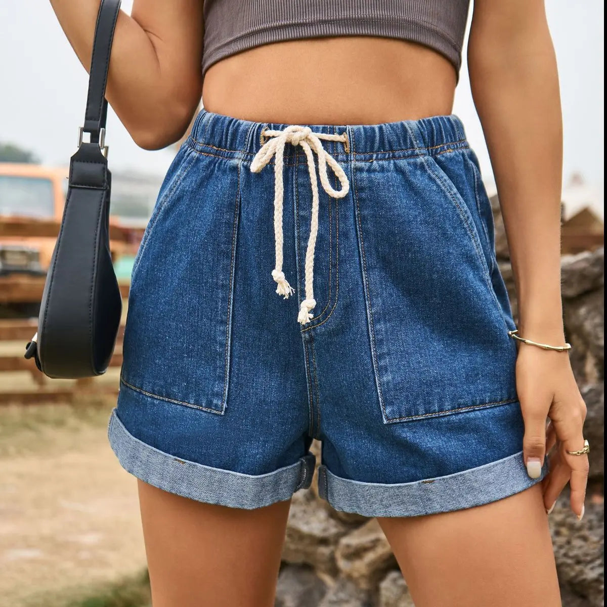 Drawstring High Waist Denim Shorts with Pockets Trendsi