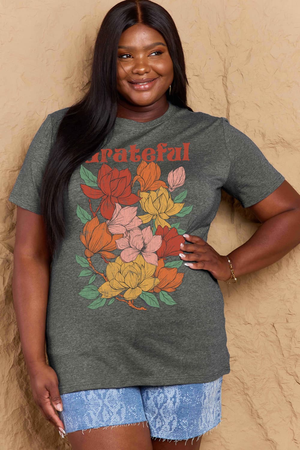 Simply Love Full Size GRATEFUL Flower Graphic Cotton T-Shirt Trendsi