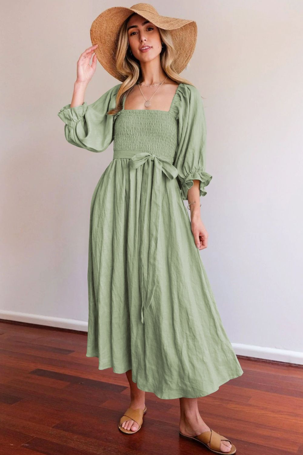 Smocked Square Neck Flounce Sleeve Dress Trendsi