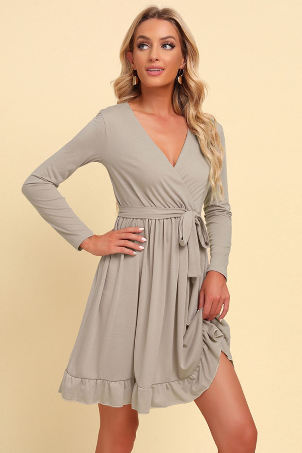 Long Sleeve Tie Waist Ruffle Hem Dress Trendsi