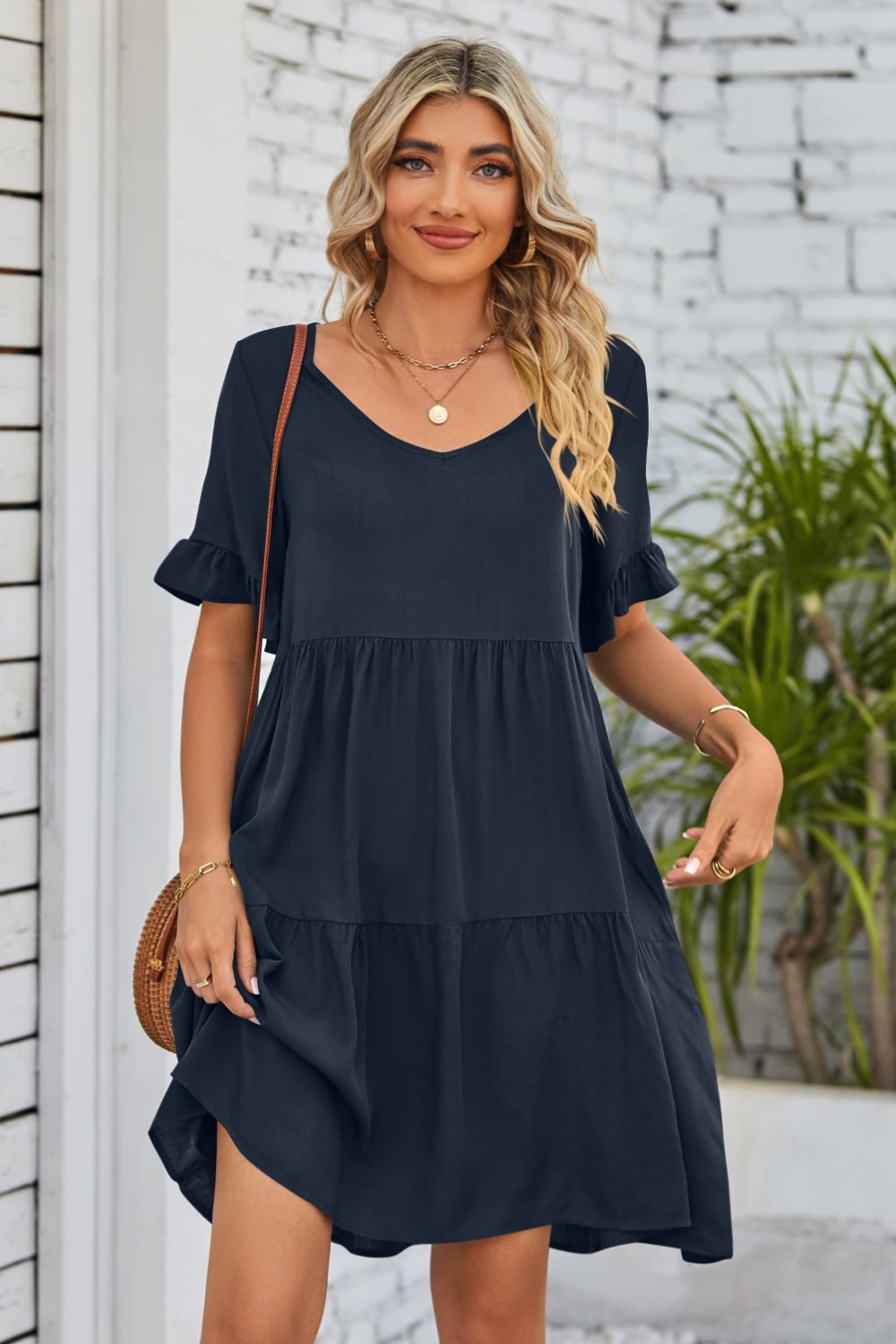 V-Neck Flounce Sleeve Tiered Dress Trendsi