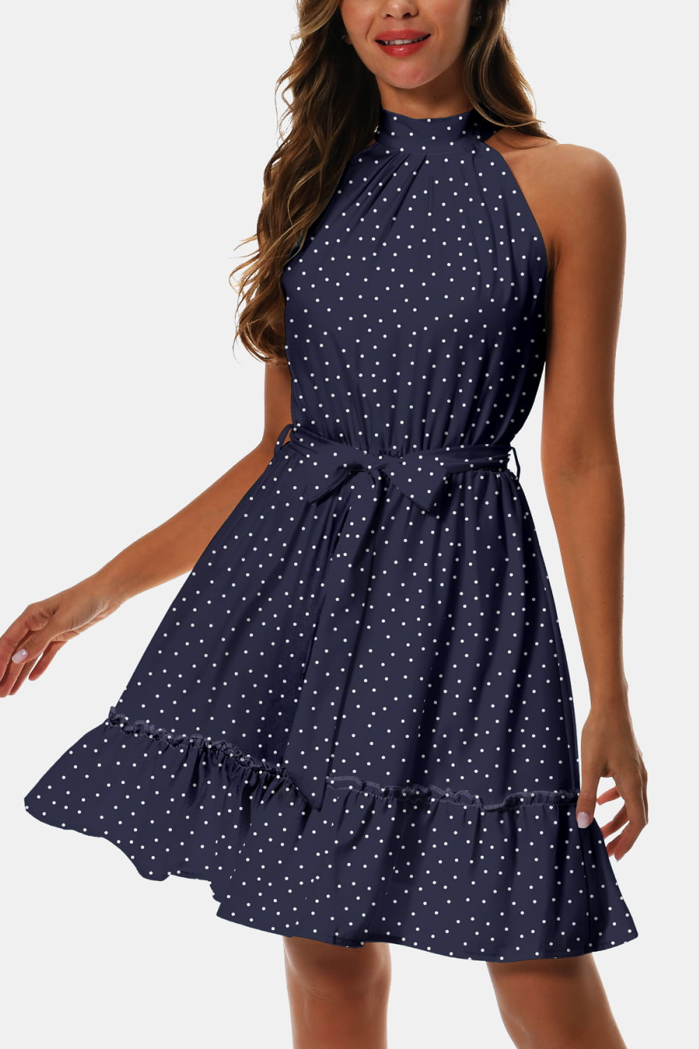 Printed Tie Waist Frill Trim Dress Trendsi